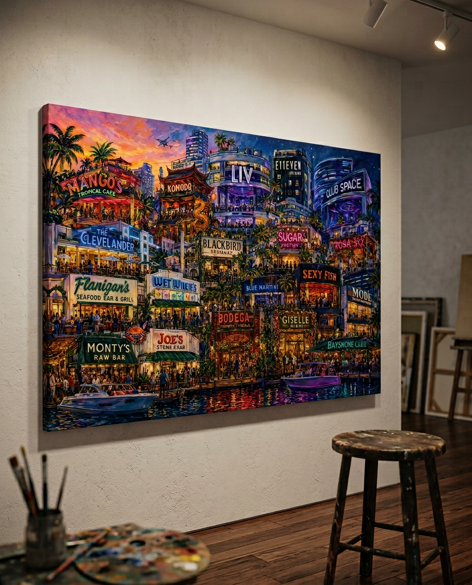 The Nightlife Canvas Co. studio at night — work table covered in canvas prints, color swatches, and a glowing monitor