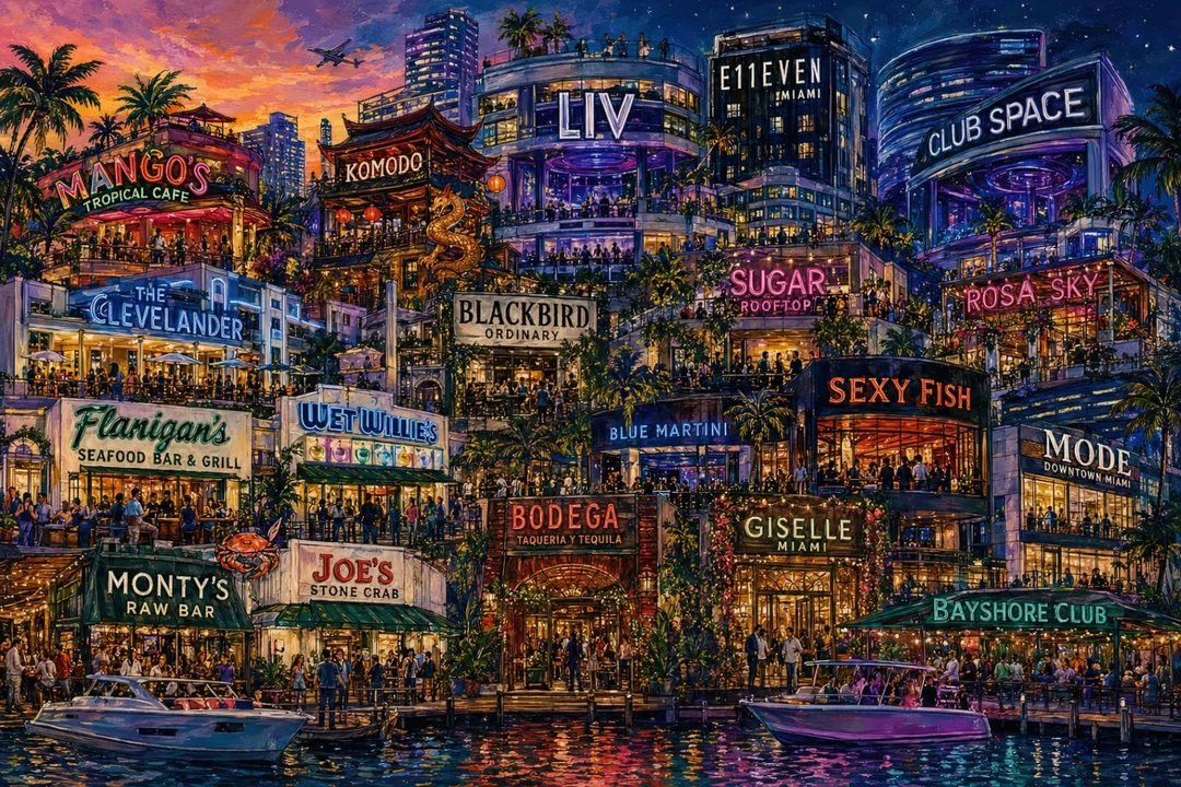 MIAMI nightlife — hand-painted canvas plate featuring liv · e11even · club space · komodo · mango's · clevelander