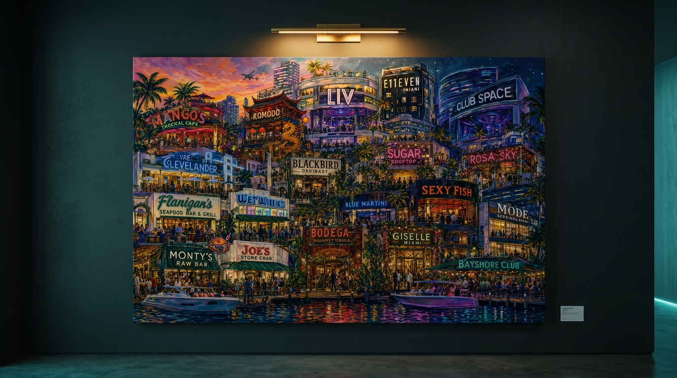 A canvas hung in a dark gallery wall lit by ambient teal