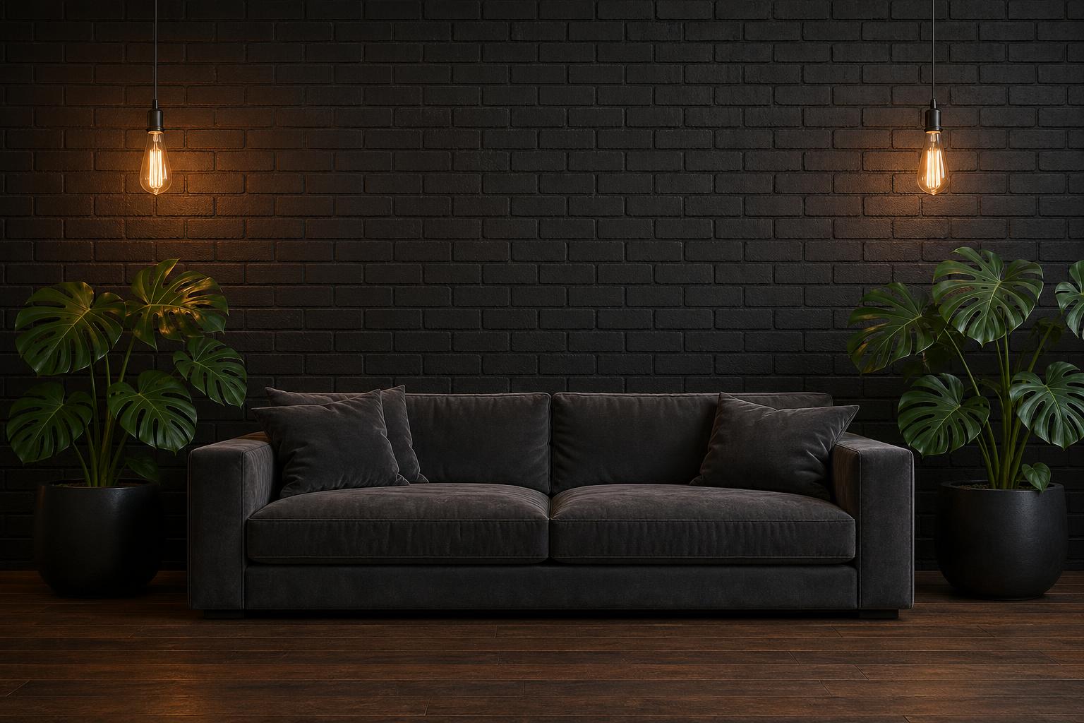 Industrial loft with black brick wall, dark velvet sofa and monstera plants